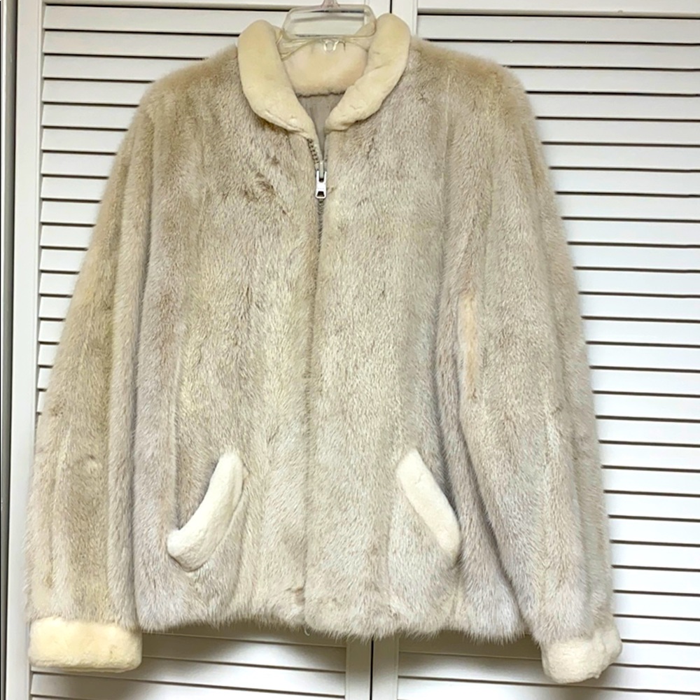 Creamy white (light tan) mink jacket ykk zipper